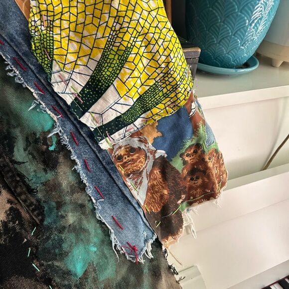 Patchwork Denim Jumper Skirt Upcycled Overall Dress Painted One of a Kind OS - Picture 4 of 16